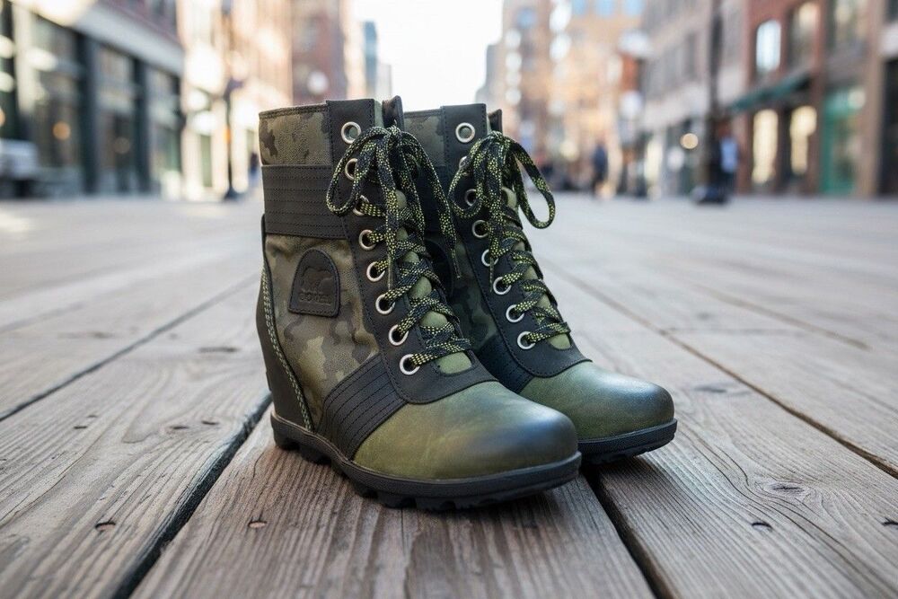 Sorel Lexie Hidden Wedge Ankle Boots Booties Green Camo  Womens Size 7.5